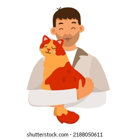 Man Holding Cat Vector Illustration. Cartoon Isolated Adorable Sweet Scene With Two Friends Hug And Cuddle, Pet Owner Character Carrying Happy Animal In Arms, Guy Playing With Pretty Funny Kitty