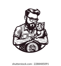 Man holding cat vector illustration. Cartoon isolated adorable sweet scene with two friends hug and cuddle, pet owner character carrying happy animal in arms, guy playing with pretty funny kitty