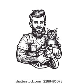 Man holding cat vector illustration. Cartoon isolated adorable sweet scene with two friends hug and cuddle, pet owner character carrying happy animal in arms, guy playing with pretty funny kitty