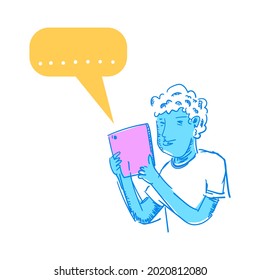 man holding cell phone in hand. online communication. Vector illustration of character.