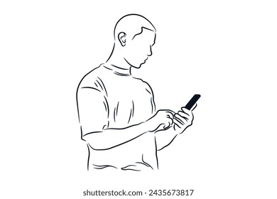 Hombre sosteniendo el teléfono celular en sus manos dibujo línea ilustración de boceto de vector