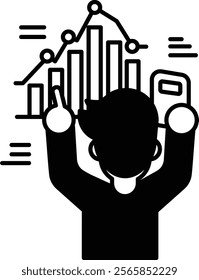 A man is holding a cell phone and pointing at a graph. The graph shows a downward trend, and the man is giving a thumbs up to indicate that he is happy about the situation