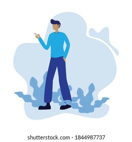 man holding cell phone simple flat illustration can use for millenial ads or banner