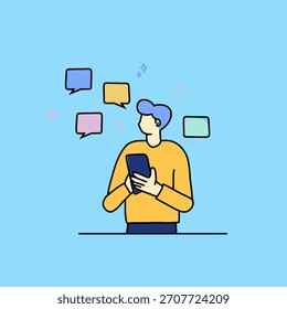 a man is holding a cell phone while serving Customer or client support with chat bubbles surrounding Flat Style Cartoon Background