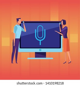 man holding a cellphone with microphone picture and sound signal with orange pop art background vector illustration graphic design