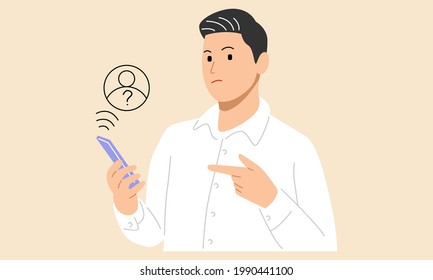 Man holding cellphone. Smartphone with stranger call screen