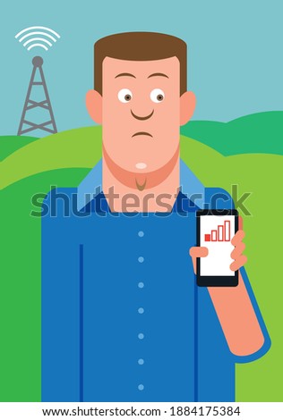Man holding cellphone that is out of range and unable to receive signal