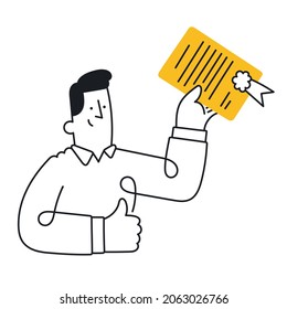 Man Holding Certificate Or Diploma And Showing Thumbs Up Gesture. Outline, Linear, Thin Line, Doodle Art. Simple Style With Editable Stroke.