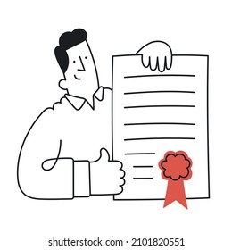 Man holding certificate or diploma and showing thumbs up gesture. Outline, linear, thin line, doodle art. Simple style with editable stroke.