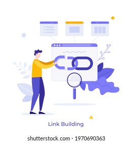 Man holding chain on bowser window. Concept of link building for search engine optimization, acquiring hyperlinks from websites to get traffic. Modern flat colorful vector illustration for banner. svg