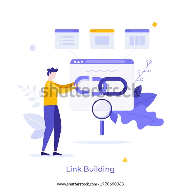 Man holding chain on bowser window. Concept of\
link building for search engine optimization, acquiring hyperlinks\
from websites to get traffic. Modern flat colorful vector\
illustration for banner.