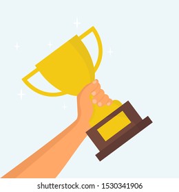 Man Holding A Champion Golden Trophy Cup. Human Hand Holding A Gold Cup Of Winner. Awarding The Winner A Prize. Trophy Cup Flat Vector Illustration