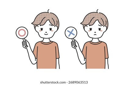  A man holding a check mark and a cross mark