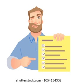 Man holding checklist. Businessman points to check list. Vector