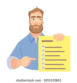 Man holding checklist. Businessman points to check list. Vector