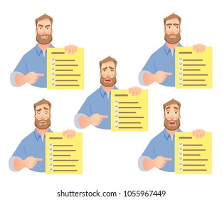 Man holding checklist. Businessman points to check list. Vector set.