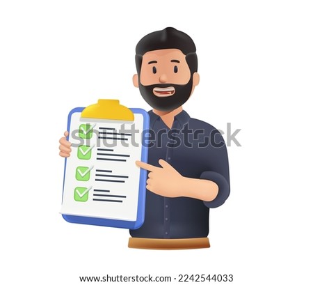 Man holding a checklist notebook with written To do list. 3D render cartoon vector design illustrations. Check list, plan, marketing business plan. Character 3D business illustration