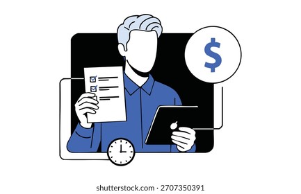 Hombre que sostiene la lista de verificación y la tableta con el signo del dólar, la gestión del tiempo y el concepto de productividad aislados en la Ilustración vectorial del fondo blanco