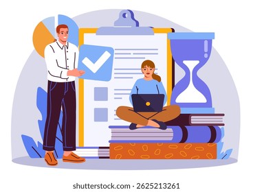 Man holding checkmark and woman working on laptop near checklist, hourglass, and books, on abstract background. Concept of productivity and goal setting. Vector illustration