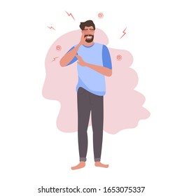 man holding cheek with painful expression guy having terrible toothache full length vector illustration