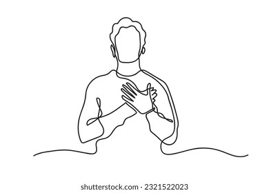 man holding chest with hands.man expression heartache,grateful,chest pain,broken heart,regret that something happened.continuous line.isolate white background