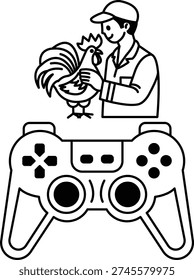 A man holding a chicken in front of a video game controller. The controller is black and white