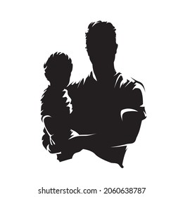 Man holding a child in his arms, fron view. Abstract isolated vector silhouette. Young parent with child