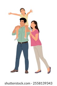 Man holding a child on his shoulders while a woman walks behind them. Concept of family togetherness and love. Vector illustration isolated on white background