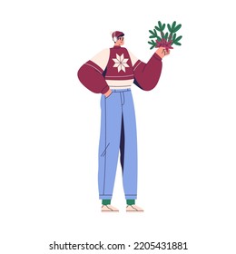 Man holding Christmas bouquet from poinsettia flowers and fir tree branch. Modern male character preparing for Xmas, New Year, winter holiday. Flat vector illustration isolated on white background