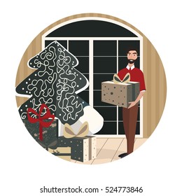 Man holding christmas present. Merry christmas an happy new year 2017. Elements for web design. - stock vector