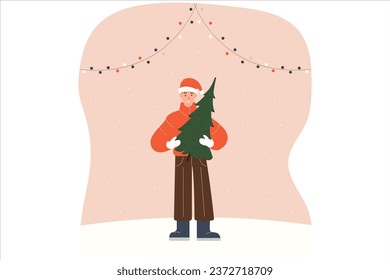 A man is holding a Christmas tree. Festive winter concept. Vector illustration in simple style
