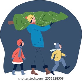 A man is holding a Christmas tree while two children walk behind him