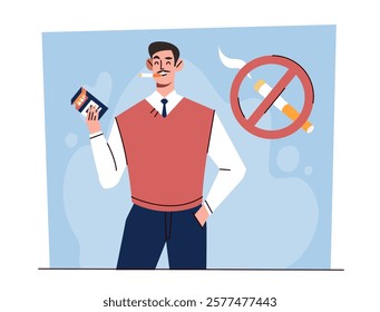 Man holding cigarettes with a no-smoking sign beside him, illustrated in a flat graphic style on a blue background. Concept of smoking awareness. Vector illustration