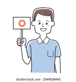 A man holding a circled tag