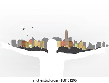 Man Holding City on Shoulders - Vector Illustration