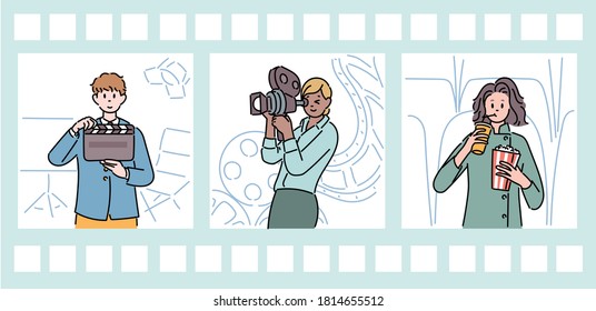 A man holding clapper board film reel  woman holding camera    an audience eating popcorn  hand drawn style vector design illustrations  