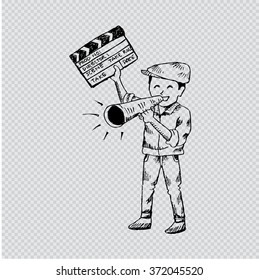 A man is holding clapper board and shouting through megaphone. Cinema concept.