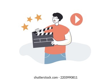 Man holding clapper flat vector illustration. Production, cinematography, media, entertainment, movie, occupation concept for banner, website design or landing web page
