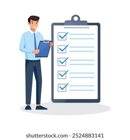 Man holding a clipboard with a checklist, set against a blue background, focused on task management. flat vector illustration on white background.