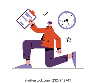 Man holding clipboard and doing job on time. Time management efficiency. Productivity and efficiency in business. Process of managing working time. Vector flat illustration in purple colors