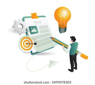 A man holding a clipboard with a light bulb and an arrow pointing to a target