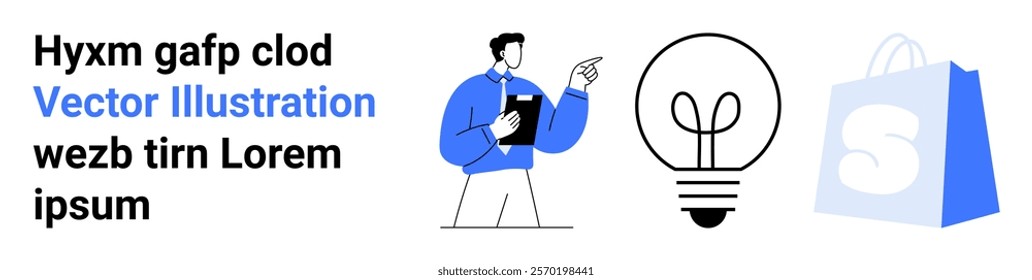 Man holding a clipboard and pointing, light bulb icon, and shopping bag icon with letter S. Ideal for business presentations, educational materials, online stores, idea brainstorming, shopping