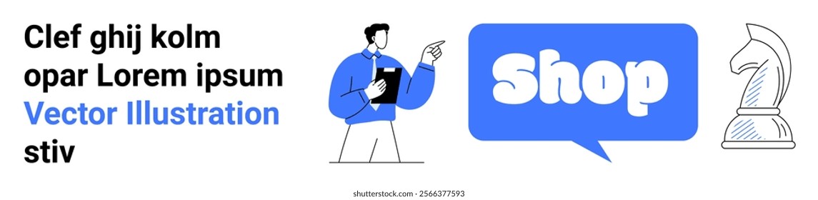 Man holding clipboard pointing to speech bubble with text Shop along with a chess piece. Ideal for online shopping, business analysis, e-commerce, decision making, digital marketing. Landing page