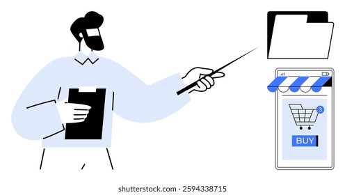 Man holding clipboard pointing towards a smartphone displaying a shopping cart and buy button along with folder icon. Ideal for online shopping, e-commerce, digital marketing, presentations, tech