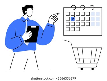 Man holding clipboard points at calendar with checked date while a shopping cart is nearby. Ideal for scheduling, shopping strategies, retail planning, time management, business organization. Modern