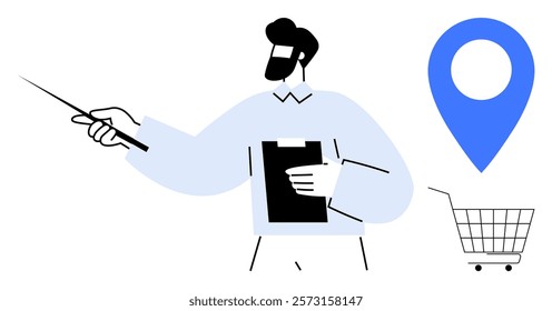 A man holding a clipboard points forward. Nearby, there are a location pin and a shopping cart. Ideal for business presentations, logistics, retail, navigation, and commerce. Simple modern style