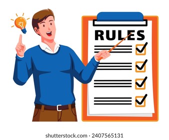 a Man holding a Clipboard with Rules Checklist and light blub