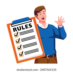 a Man holding a Clipboard with Rules and Checklist