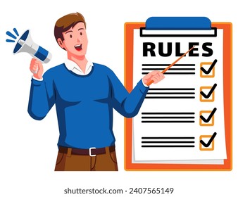 a Man holding a Clipboard with Rules Checklist and megaphone
