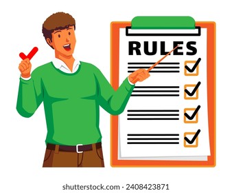 a Man holding a Clipboard with Rules and Checklist